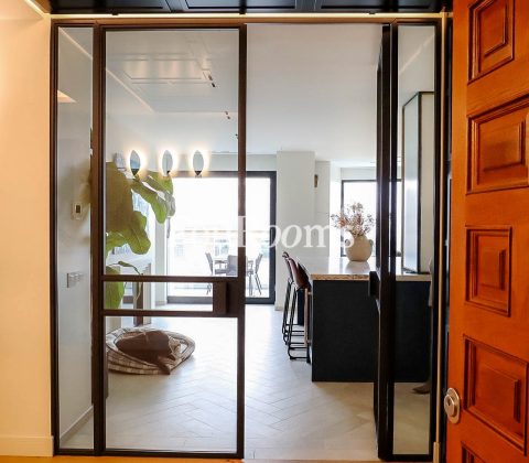 vista desde la puerta de entrada del interior de una casa, con la cocina, el perro y. la terraza